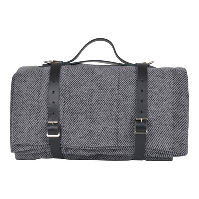 Lisbon Cotton Herringbone Picnic Blanket with Leather Carry Strap