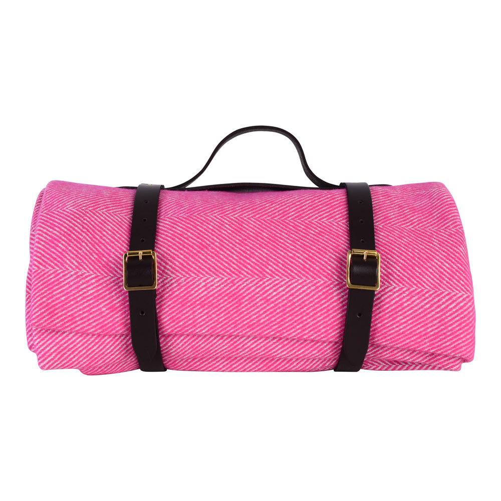 Lisbon Cotton Herringbone Picnic Blanket with Leather Carry Strap