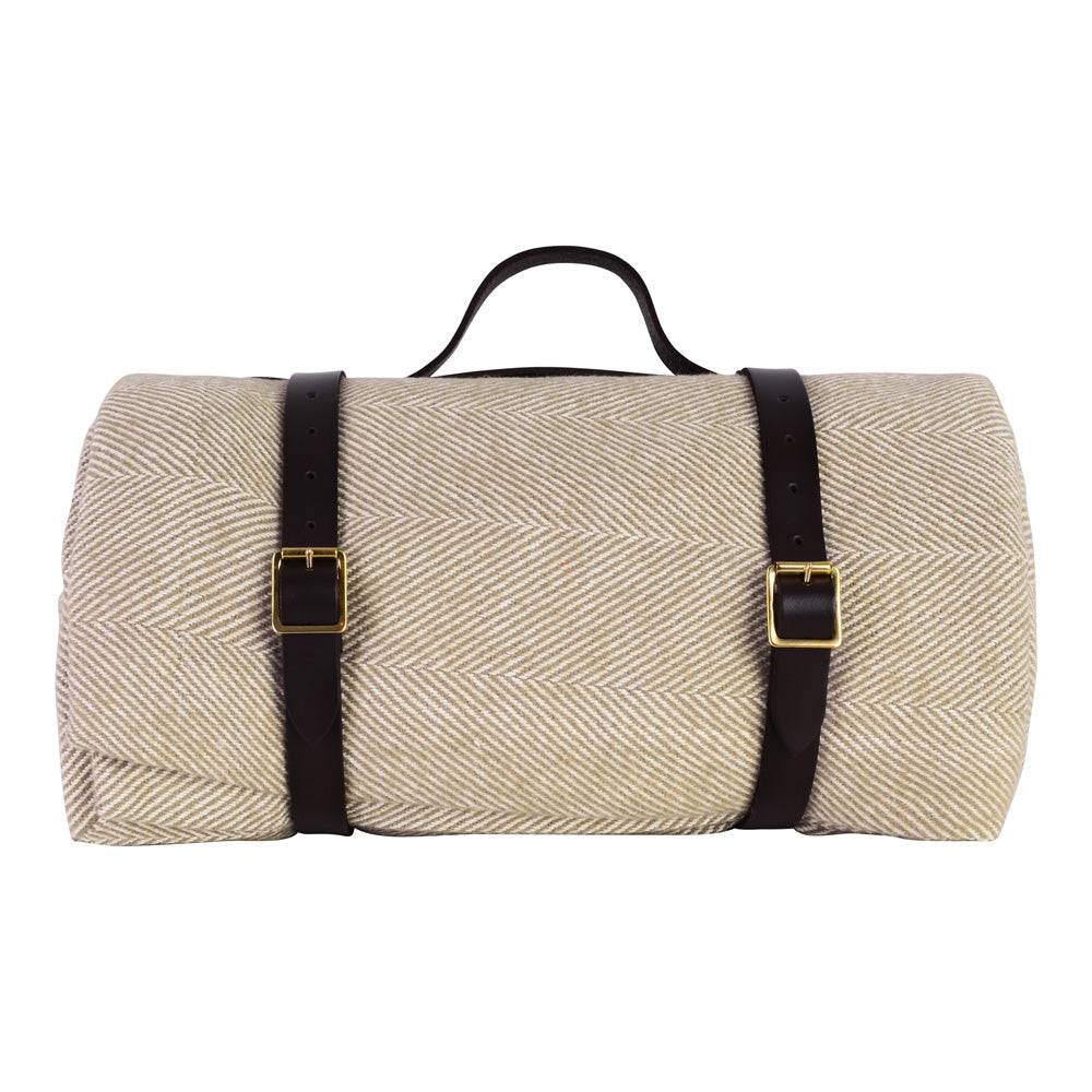 Lisbon Cotton Herringbone Picnic Blanket with Leather Carry Strap