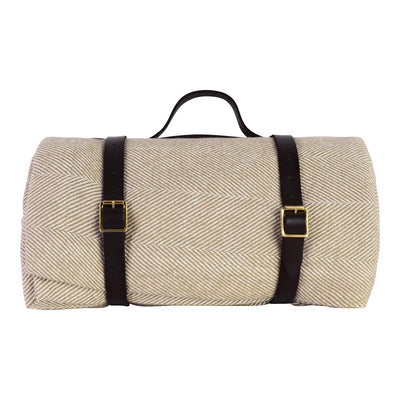 Lisbon Cotton Herringbone Picnic Blanket with Leather Carry Strap
